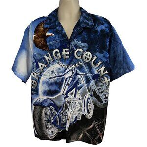 Orange County Choppers Motorcycle Blue All Over Graphic Print Button Shirt XL